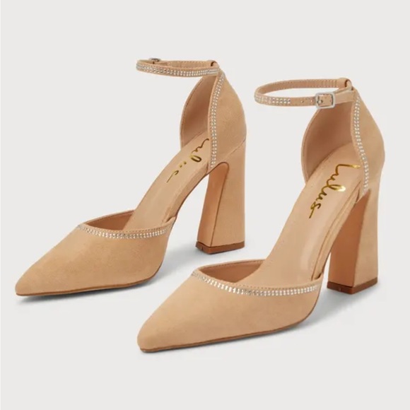 Light Nude Suede Rhinestone Pointed-Toe Pumps - Picture 2 of 3